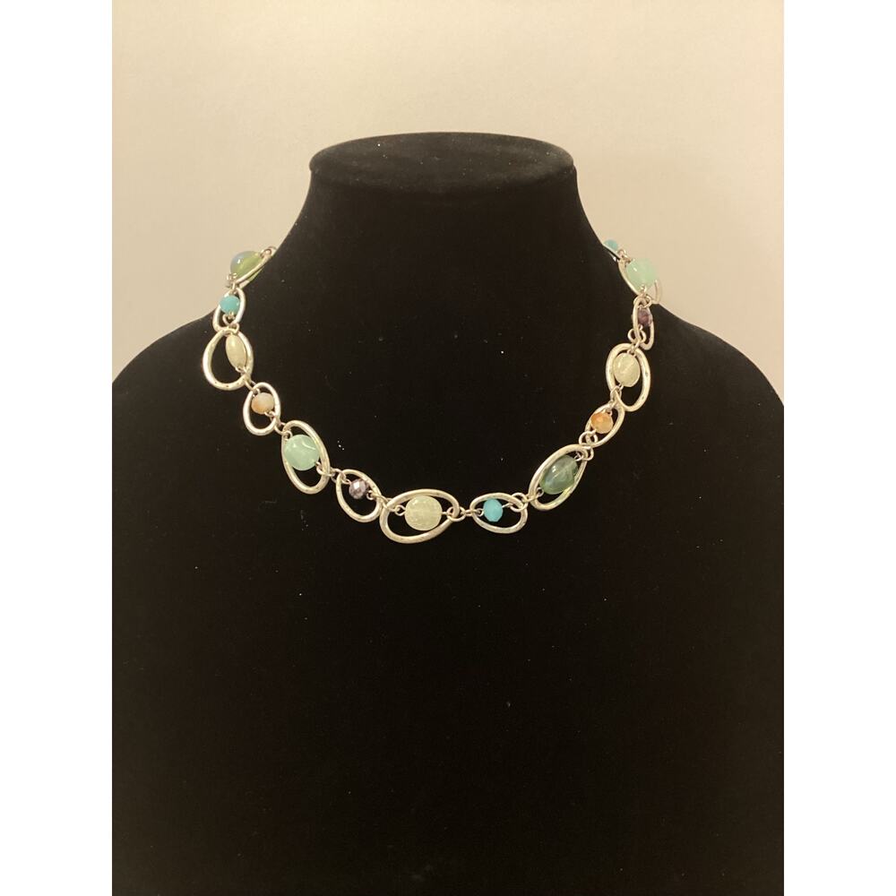 Silver Toned Chunky Necklace with Rings Intertwined with Stones